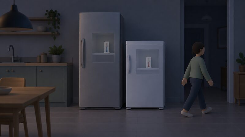 A closed fridge standing beside a closed freezer in a dim kitchen during a power cut, each with a small thermometer placed inside on a shelf visible through a slight gap-free closed door, a simplified figure walking past with hands away from the handles.