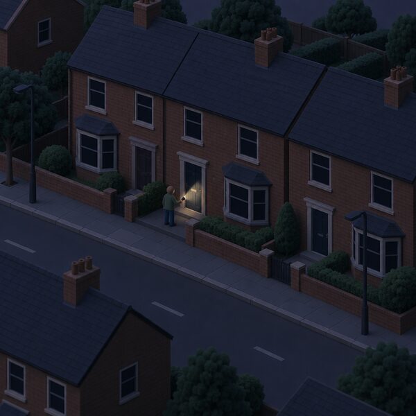 A quiet residential street at dusk during a planned power cut, with terraced and semi-detached houses in darkness, unlit windows and doorways, a few street lamps dark, and one small isometric figure standing at a front door with a torch.