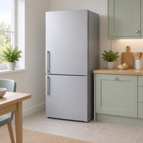 A plain upright fridge freezer standing against a kitchen wall beside a worktop, closed, with no people, showing the ordinary household appliance whose spoiled contents the household itself must bear after a power cut.