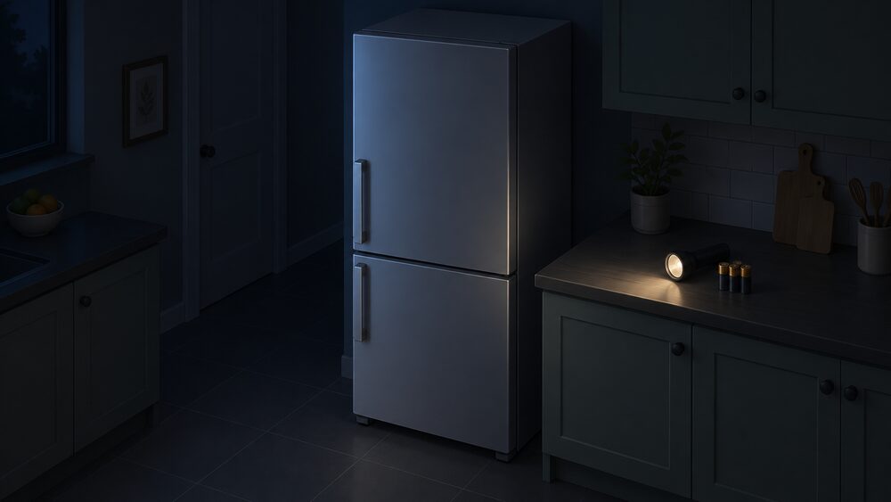 A close-up of a closed upright fridge-freezer standing in a dark kitchen during a power cut, both doors firmly shut, with a torch and spare batteries resting on the worktop beside it.