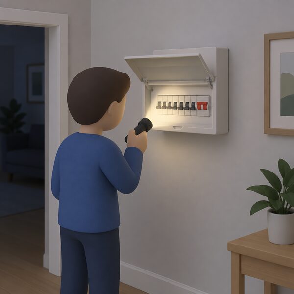 A domestic consumer unit mounted on an indoor wall with its front cover open, showing a row of trip switches, with a simplified figure standing before it checking the switch positions by torchlight during a power cut.