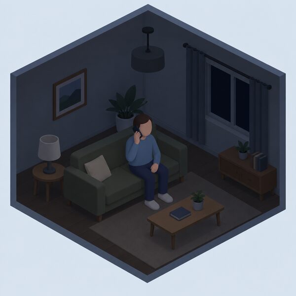 A simplified isometric figure sits in a darkened living room during a power cut, holding a mobile phone to their ear, with unlit lamps and a dark ceiling light around them, phoning the helpline for up-to-date information.