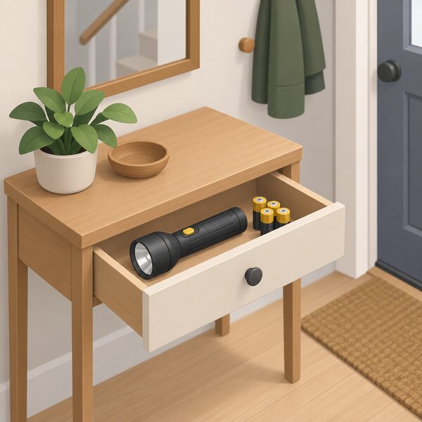 A torch with spare batteries kept ready on a shelf or drawer in a home hallway, drawn as a simple still-life showing the torch beside loose batteries in its designated storage spot where householders can grab it during a power cut.