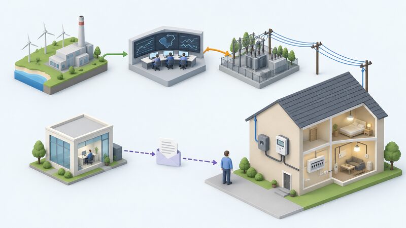 A simplified diagram of a Northern Ireland house connected by poles, wires and a substation to a network block, with a meter and cut-out at the house, linked to a system-operator block balancing generation and demand, and a separate supplier block sending a bill to the household.