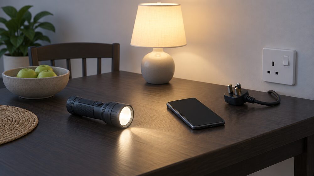 A dark kitchen table during a power cut holds a lit torch, a mobile phone showing a blank screen, an unplugged plug lying beside a socket, and a single lamp switched on in the background as the signal that supply has returned.