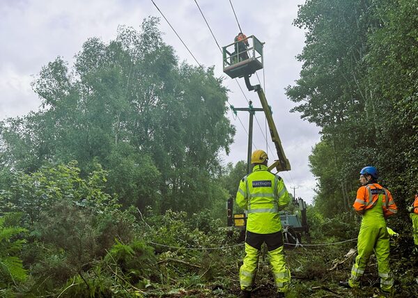 Electricity engineers in high-visibility jackets repairing overhead power lines from a cherry picker among storm-damaged trees