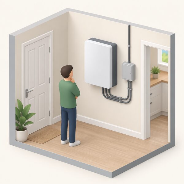 A wall-mounted home battery pack installed indoors in a plain UK home, shown as a simple boxed unit on an interior wall with its connecting cables running neatly to the household's electrical supply, with a small simplified figure standing nearby looking at it.