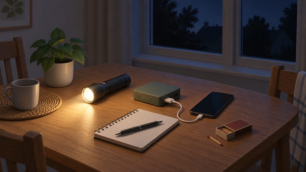 A kitchen table during a power cut at dusk: a lit torch and a small portable battery pack with a charging cable sit centrally beside a notepad with a pen resting on it, a mobile phone and a box of matches, with a dark window behind.