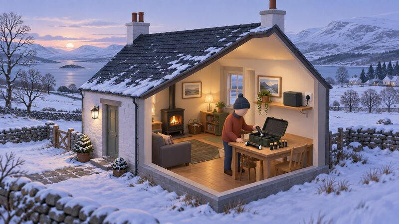 A small rural Scottish house in winter with a compact battery backup unit on an indoor shelf connected to a wall socket, and a torch kit laid out on a table beside it with a person placing a torch into the kit.