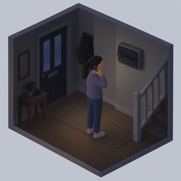 A householder standing in a dim hallway of their home holding a mobile phone to their ear, making a free call to report a power cut to their local electricity network operator, with a dark consumer unit visible on the wall nearby.