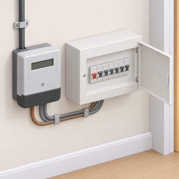 An inside wall of a home showing a domestic electricity meter and, beside it, a consumer unit with its door open to reveal a row of fuses, drawn as a simple isometric cutaway with no people.