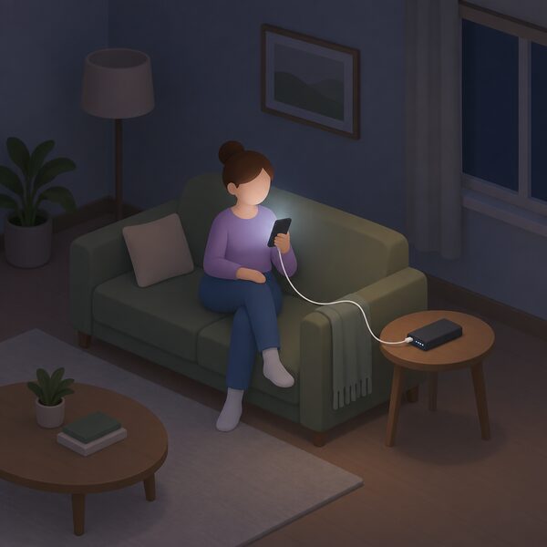 A small isometric figure on a sofa in a dim living room during a power cut holds a mobile phone connected by a cable to a portable battery pack on a side table, the free extra help offered to Priority Services Register customers.