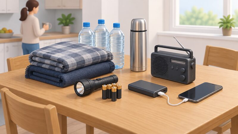 A household power cut kit laid out on a kitchen table: a torch with spare batteries, a battery-powered radio, a charged phone power bank with a cable, folded blankets, bottled water and a thermos flask, arranged together as one prepared collection.