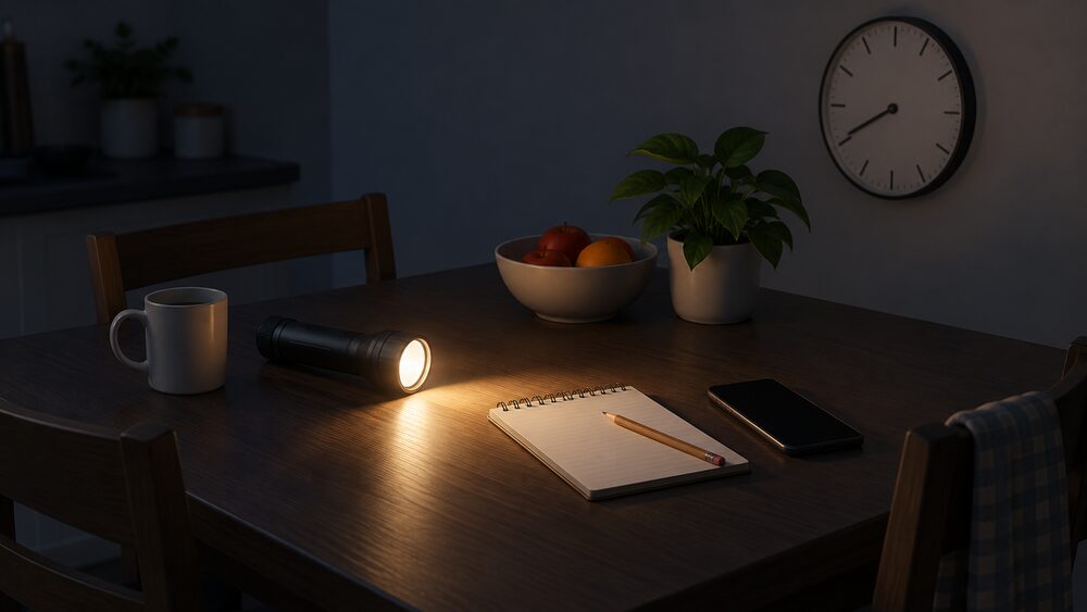 A dark kitchen table lit only by a torch, with a mobile phone lying beside it showing a blank screen, a wall clock and a blank notepad with a pencil, suggesting a household preparing to report a power cut.