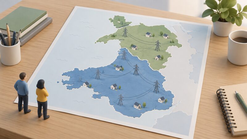 A simplified map of Wales drawn as a printed sheet, divided by a boundary line into two plain colour regions covering north Wales and west and south Wales, with small house markers and simplified tower lines, no names or numbers.