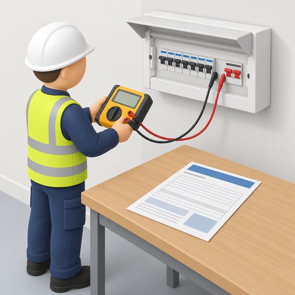 A completed Electrical Installation Certificate lying on a table beside a consumer unit, with a simplified electrician figure nearby holding a test instrument whose leads connect to the unit, showing the fixed wiring work has been tested for safety.