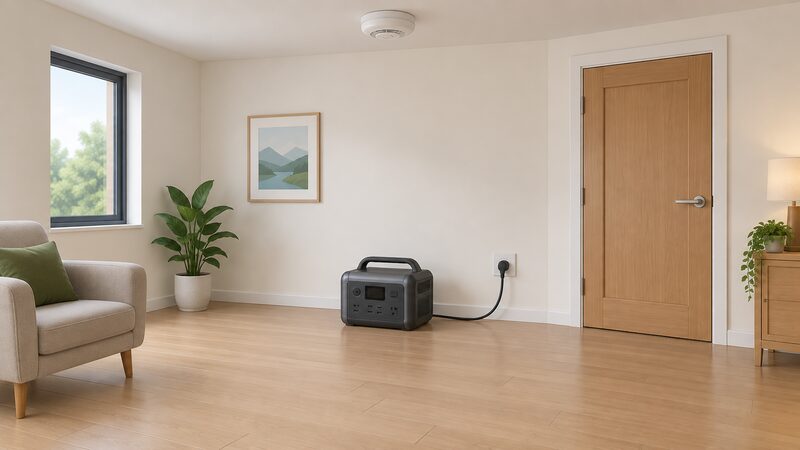 A portable power station charging on a bare hard floor against a wall in a simply furnished room, with a smoke alarm on the ceiling above, the room door closed, and no heater, radiator or stored flammables nearby.