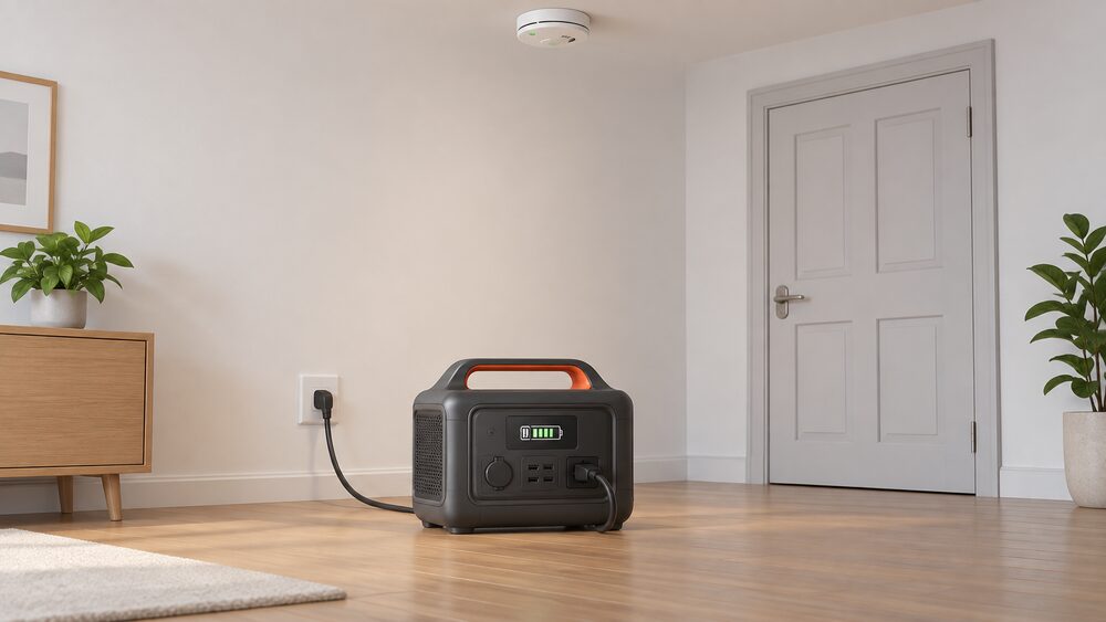 A portable battery power station standing on a hard floor surface indoors, plugged in and charging, with a smoke alarm on the ceiling above, a closed door behind it, and clear space away from any heater or heat source.