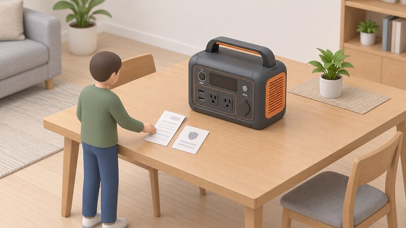 A portable power station sits on a household table beside its sales receipt and warranty card, kept together as proof of purchase, with a small isometric figure placing the papers next to the unit.