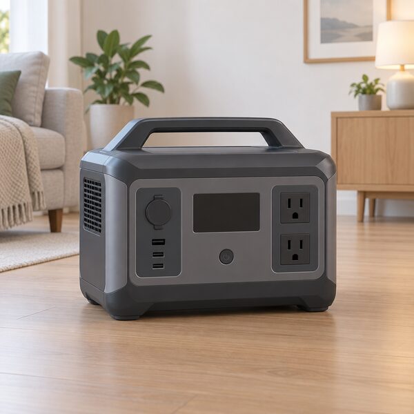 A single portable power station shown as one boxed battery-and-inverter product standing on a floor in a home, with its sockets and display drawn as plain blank panels, suitable for running a microwave.