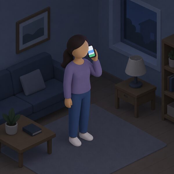 A simplified isometric figure stands indoors holding up a mobile phone whose screen shows only plain colour bands, dialling to report a power cut, with a darkened room and an unlit lamp nearby suggesting the outage.