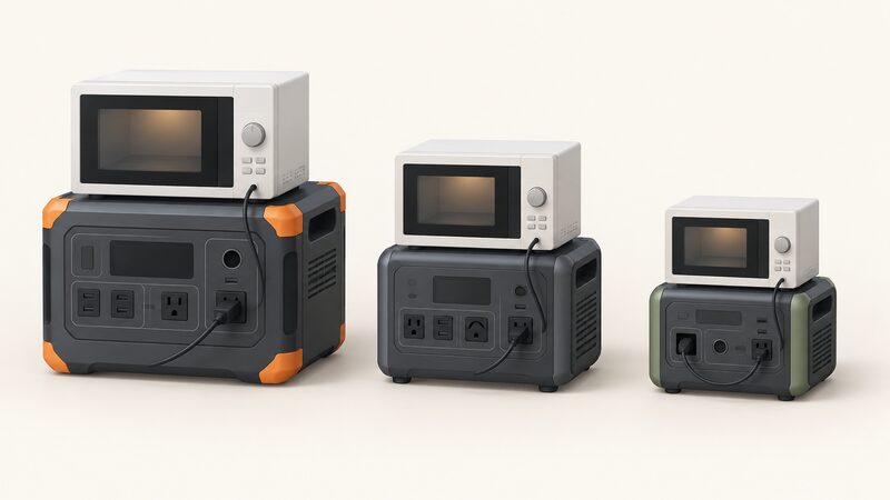 Three portable power stations of different sizes stand side by side on a plain surface, each with a microwave on top connected by its lead, drawn as a like-for-like comparison with no readable labels or figures.