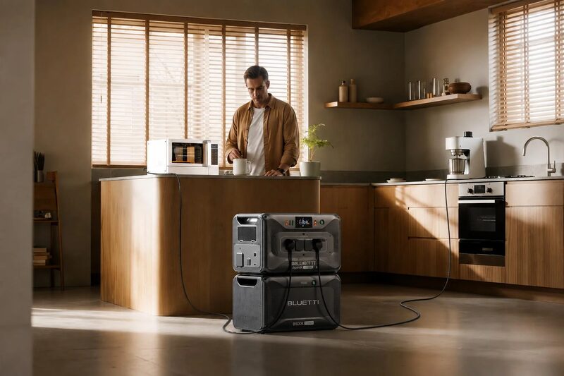 A BLUETTI portable power station stacked in a kitchen powering appliances while a man makes a drink