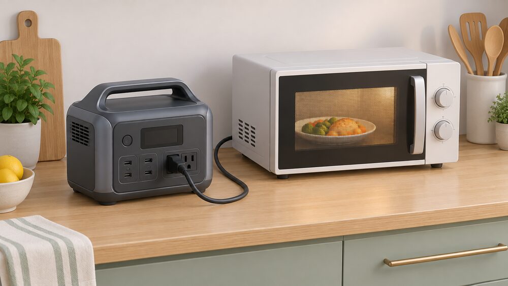 A portable power station standing on a kitchen worktop, its cable plugged into a countertop microwave beside it, with a plate of food inside the microwave and no fuel or exhaust anywhere in the scene.