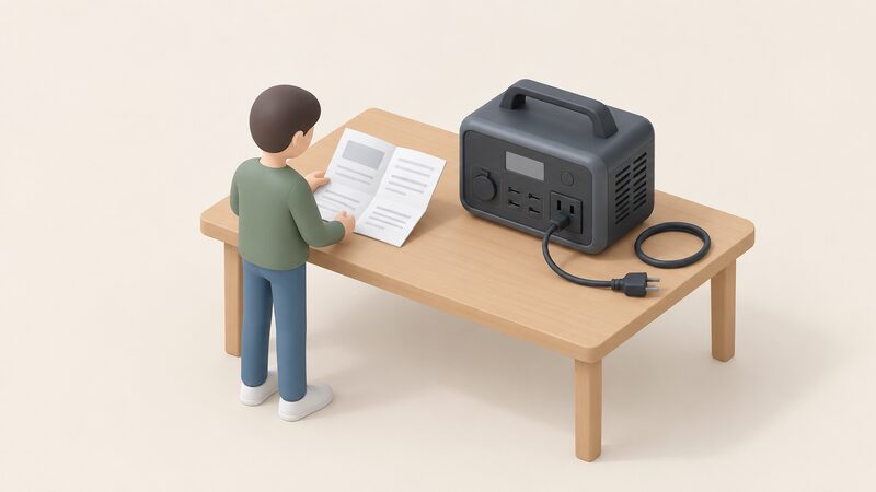A folded warranty document lying on a table beside a portable power station, with a small isometric figure standing over them reading the paper, the station's sockets and cables plain and unbranded.