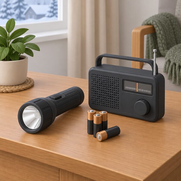 A torch, a battery-powered radio and a small pile of spare batteries laid out together on a table in a home, ready for a winter power cut.