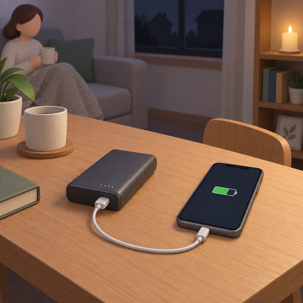 A portable power bank on a table at home connected by a short cable to a mobile phone lying beside it, the phone screen showing a plain charging indicator, in a simply drawn domestic setting during a power cut.