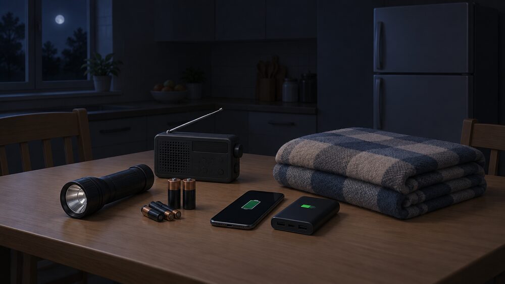 A winter power-cut kit laid out on a kitchen table at night: a torch, a battery-powered radio, spare batteries, a charged mobile phone with a power bank, and a folded warm blanket, with a closed fridge visible in the dark background.