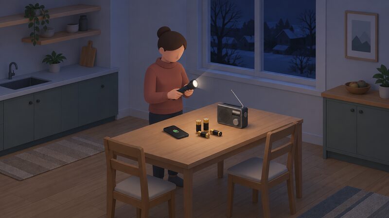 A simplified isometric householder standing at a kitchen table on a dark winter evening, checking a torch and a battery radio laid out beside spare batteries and a mobile phone, with the darkened window behind suggesting a power cut.