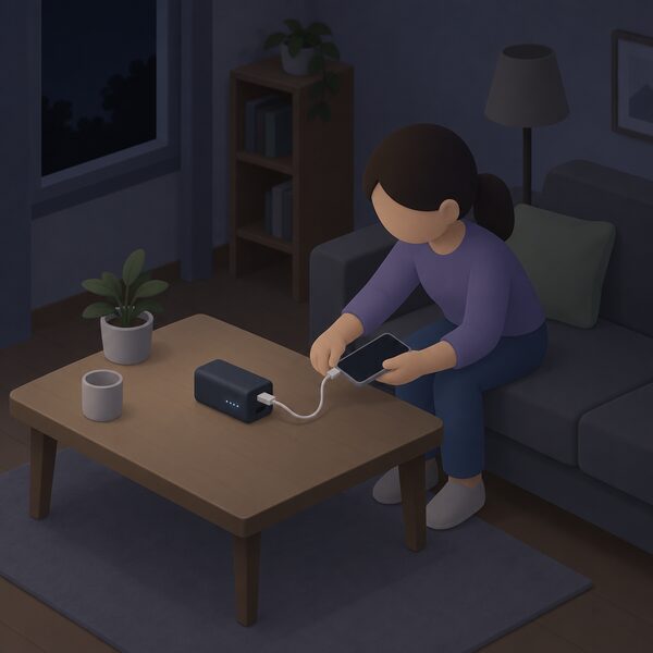 A small portable battery pack sitting on a table in a dim living room during a power cut, with a phone cable plugged into it and a simplified isometric figure reaching to connect the phone.