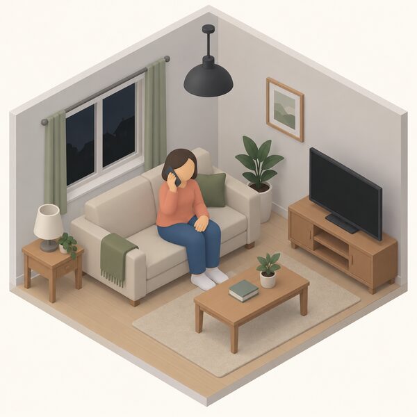 A simplified isometric figure sits in a home living room holding a mobile phone to their ear, making a free emergency call about a power cut, with a dark unlit ceiling lamp and switched-off appliances nearby showing the electricity is out.