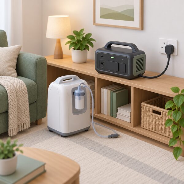 A portable power station sitting on a shelf in a home living room, plugged in and charging, with a medical device such as a nebuliser or oxygen concentrator nearby connected by a lead, ready as backup for a power cut.