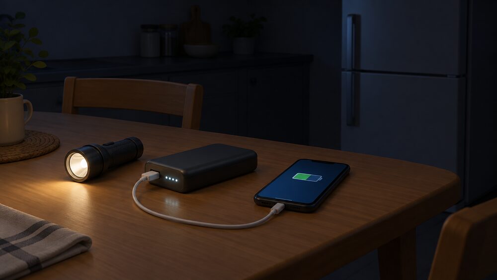 A dim kitchen table during a power cut with a portable battery pack and a mobile phone charging from it, a torch lying beside them, and a closed fridge visible in the dark background.