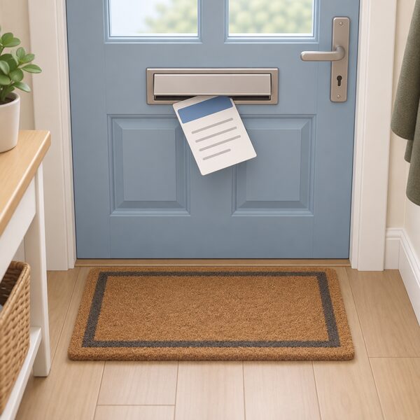 A plain notification card, its face showing only blank lines and a plain colour band, drops through the letterbox of a domestic front door, seen from inside the hallway as it lands on the doormat, with no people shown.