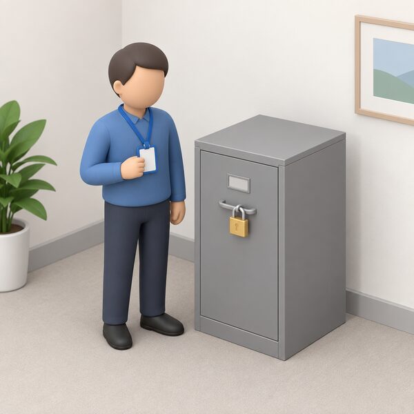 A closed metal filing cabinet in a plain office corner, its single drawer locked with a padlock, while a small simplified figure in plain clothing stands beside it holding a lanyard badge, showing that only authorised NIE Networks staff can open the register.