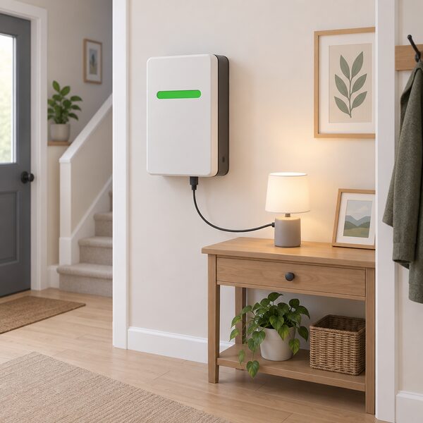 A wall-mounted home battery back-up unit in a hallway, its charge indicator showing full, connected by a cable to a small essential appliance nearby, standing ready for a power cut the register will not cover.