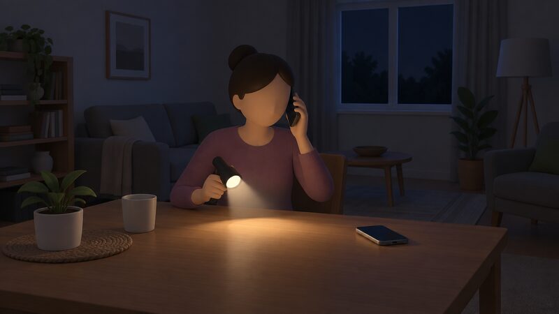 A householder seated at a table in a dim living room during a power cut, holding a torch in one hand and a mobile phone to their ear with the other, while a second charged mobile phone lies on the table beside them.