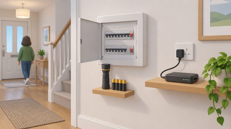 A home hallway wall with the consumer unit mounted at eye level, its door open to show rows of trip switches, a torch with spare batteries standing on the floor beside it, and a battery back-up pack resting on a nearby shelf with its charging cable plugged into a socket.