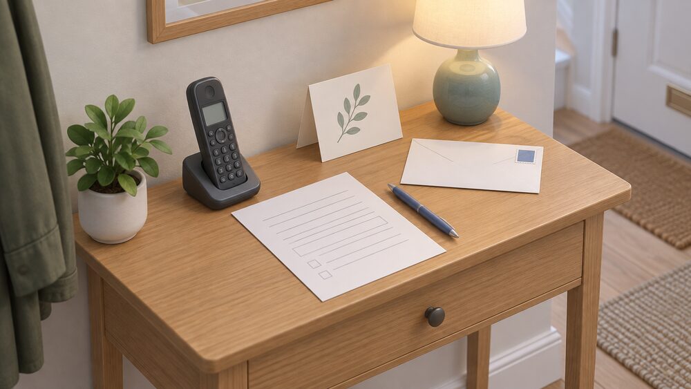 A small table in a home hallway holds a cordless telephone resting beside a blank paper registration form and a pen, with a folded notification card and a stamped envelope nearby, suggesting a household signing up to a free customer care register by phone or post.