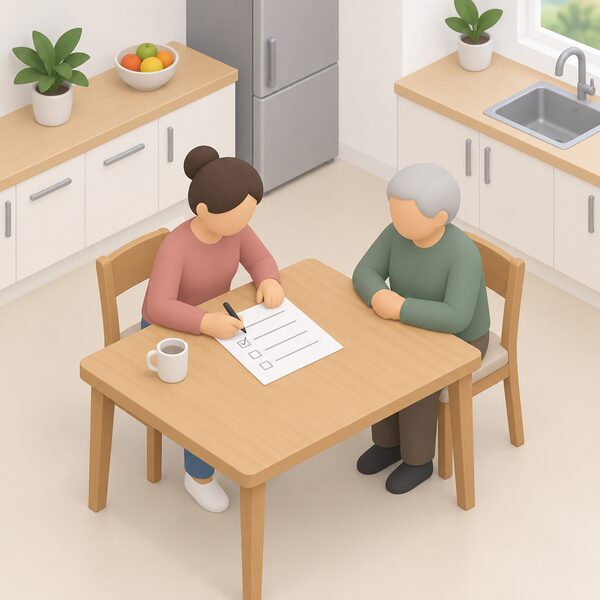 A simplified isometric figure of a family member sits at a kitchen table filling in a paper registration form with a pen, with a second figure seated nearby, the form showing tick boxes and blank lines as plain marks with no readable words or numbers.