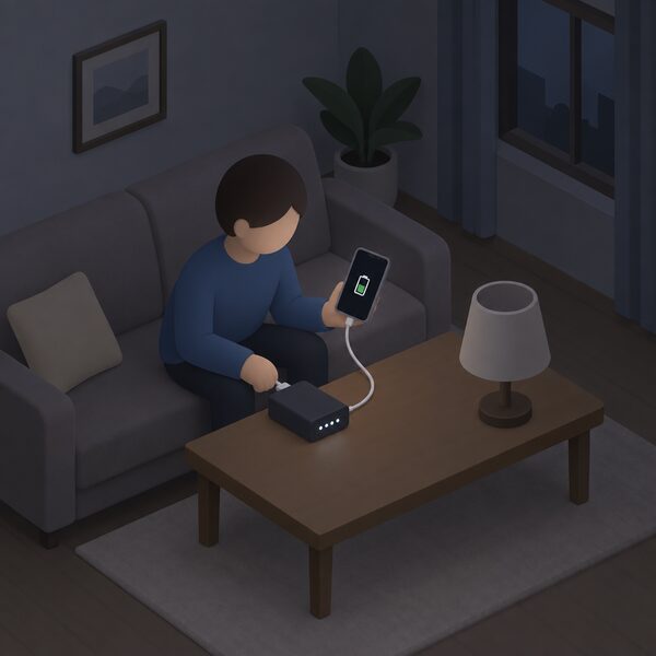 A small isometric figure in a dim living room during a power cut plugs a phone into a battery pack supplied by the network operator, the phone screen dark with a plain charging indicator, a table lamp nearby switched off.