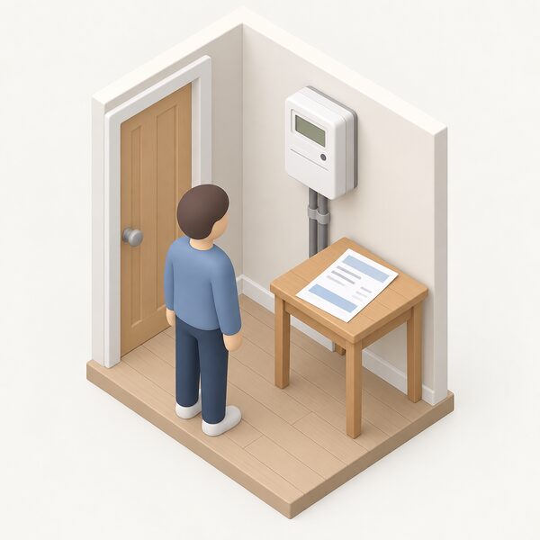 A domestic electricity meter mounted on an inside wall beside a printed energy bill lying on a small table, both shown plainly so the supplier is unchanged, with a simplified isometric figure standing nearby holding nothing and making no changes.