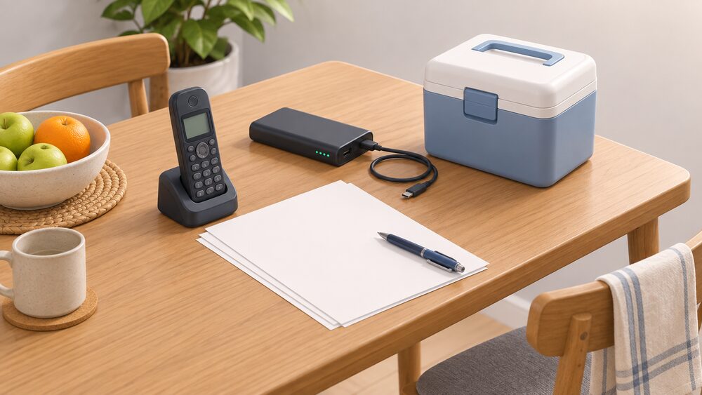 A kitchen table with blank registration paperwork and a pen beside a cordless phone, a charged battery pack with a cable, and a small medicine fridge pack, representing joining the Priority Services Register for help during a power cut.