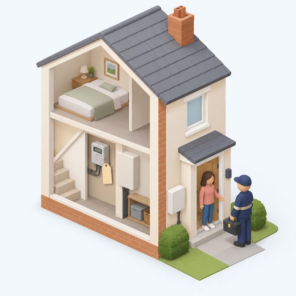 A simple cutaway house with a small meter and meter box, a plain gift-style tag tied to the meter reading the word-free idea as a blank tag, and a simplified isometric figure of a resident standing at the door receiving the service at no exchange of money, with no payment, card or till anywhere in the scene.
