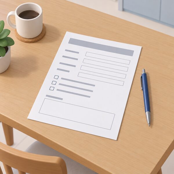 A short paper application form lying on a household table beside a pen, with blank fill-in lines, tick boxes and a plain box for extra details, ready to be completed and posted back to the electricity network.