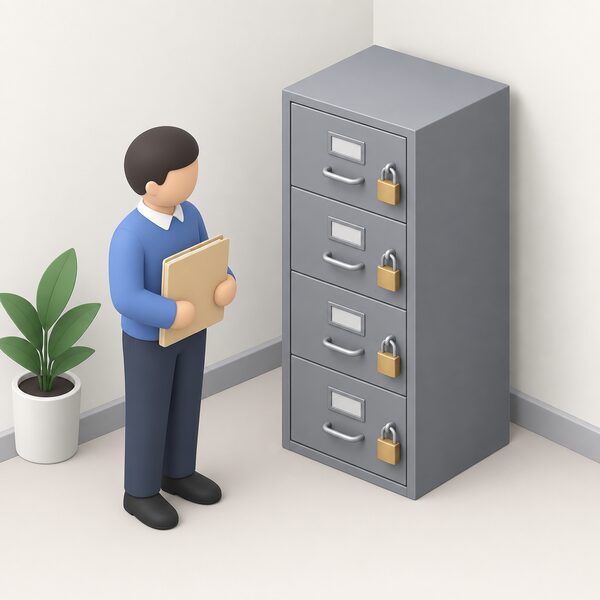 A locked metal filing cabinet standing in a plain office corner, its drawers shut with padlocks and keys, holding plain customer record folders, with a small isometric figure of a staff member standing beside it holding one closed folder.